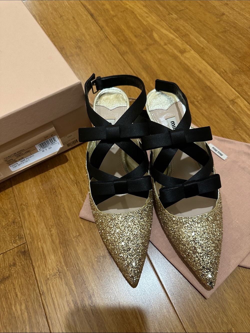 Miu Miu Gold Glitter Pointed Flats with Black Bow Straps